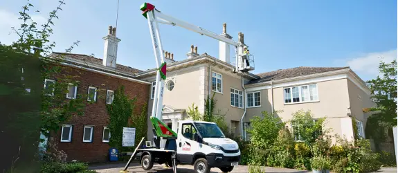 using our cherry picker on a commercial gutter cleaning job in Filwood, Wilton